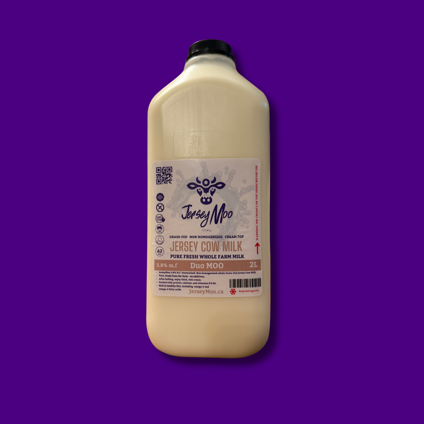 JerseyMoo Duo Moo Grass-Fed Non-Homogenized Fresh Whole Jersey Cow’s Milk – 2 Liters (A2 Milk)