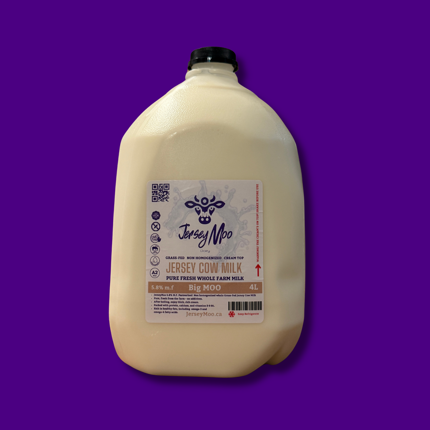 JerseyMoo Big Moo Grass-Fed Non-Homogenized Fresh Whole Jersey Cow’s Milk – 4 Liters (A2 Milk)
